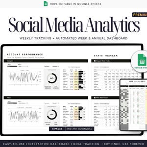 May include: A digital graphic titled "Social Media Analytics" with a black border. The graphic displays data charts, graphs, and a spreadsheet. The text includes "Weekly Tracking" and "Automated Week & Annual Dashboard."