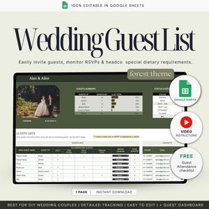 Pode incluir: Modelo digital de lista de convidados de casamento com tema florestal. O design inclui uma foto de um casal, um resumo dos convidados e uma lista detalhada de convidados. Inclui Google Sheets e instruções em vídeo.