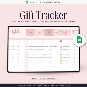 May include: A digital gift tracker template displayed on a tablet-like screen. The screen shows a spreadsheet with columns for gift ideas, budgets, and deliveries. The text "Gift Tracker" is at the top, with the Google Sheets logo in the corner.