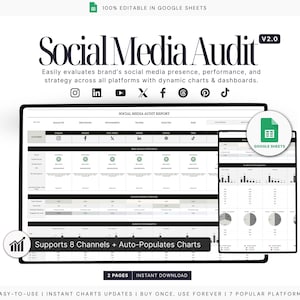 Puede incluir: Un gráfico digital que muestra un informe de auditoría de redes sociales, versión 2.0, con gráficos y paneles. El informe admite 8 canales y rellena automáticamente los gráficos. El texto incluye "100% editable en Google Sheets" y "Descarga instantánea".