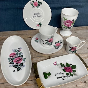 Punks not dead bowl, vintage porcelain floral design with hand-printed appliqués, approx. 24 x 11 cm. A statement piece for the table & wall!