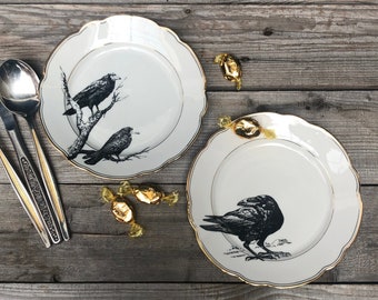 ravens and crows plates (2 pcs) 19cm, porcelain with Goldrim and handmade Silkscreen Print; homewares, decorating, dining, Halloween gift