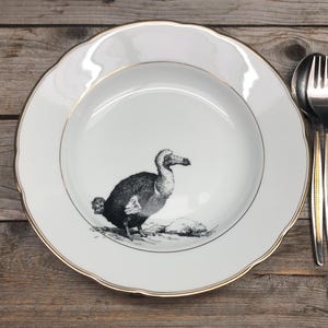 Assiette Dodo, porcelaine vintage imprimée à la main avec liseré doré ; environ 24 cm de diamètre.