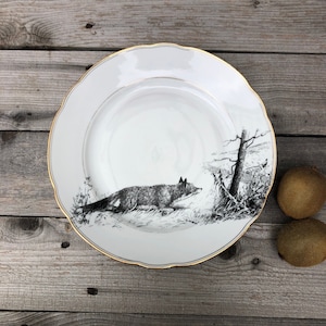 Porcelain plate &quot;Fox&quot;, approx. 24 cm; gold-rimmed tableware with handmade print, for eating, serving, decorating, and gifting!