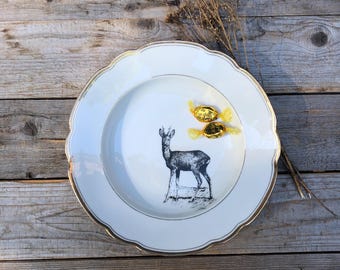 Reh-Teller, bedrucktes Vintageporzellan mit Goldrand; Alpen, Berge, Tiere, Almhütte, Hygge, Geschenk für Zuhause, Freunde, Familie
