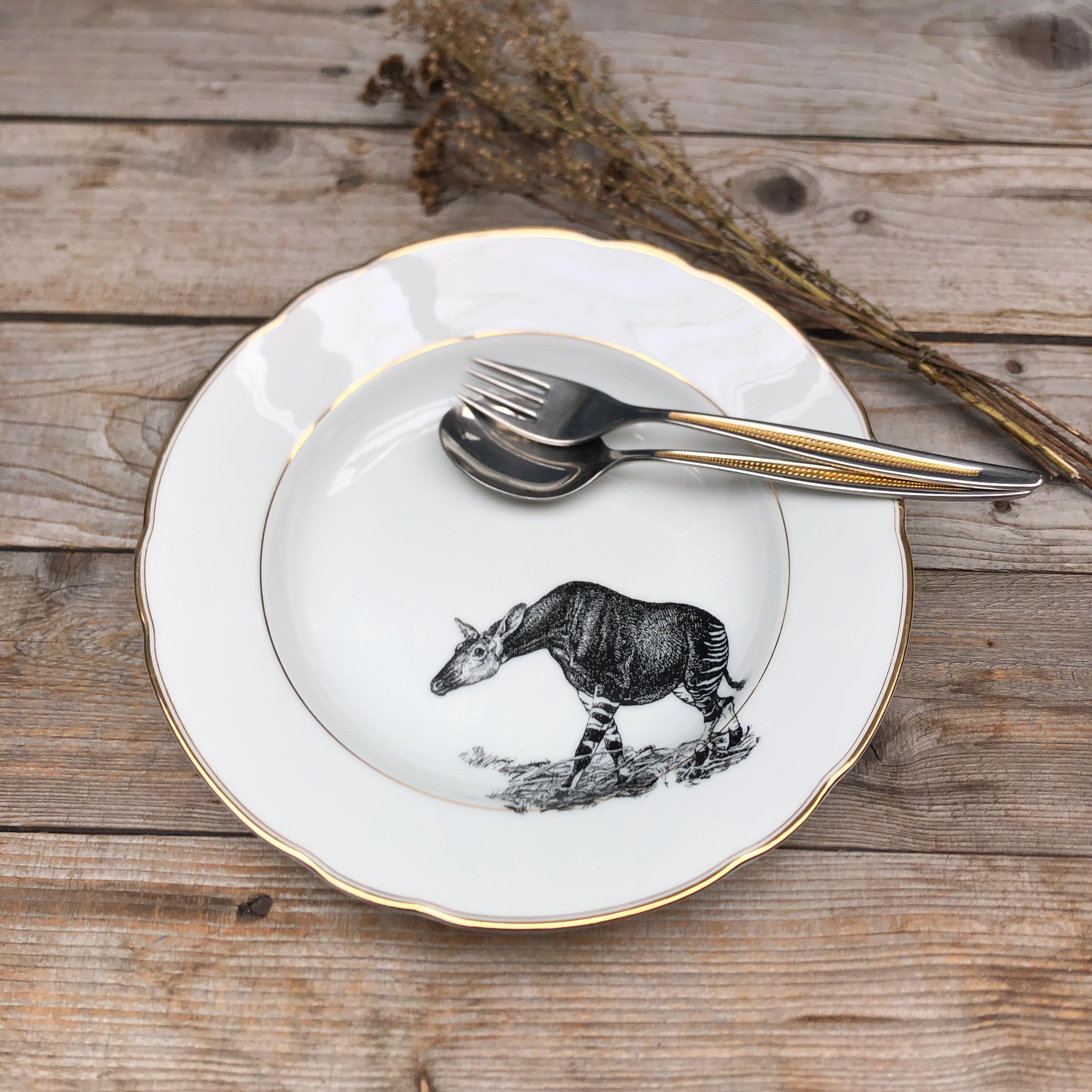 Okapi soup/pasta plate, printed vintage porcelain with gold rim, ø 24cm; Hygge, living, gift for a beautiful home, party, friends and family