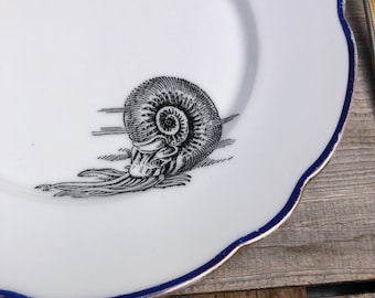"Seashell" plate, porcelain with a rim in maritime blue and gold, handcrafted screen-printed design; gift for friends, family, children...
