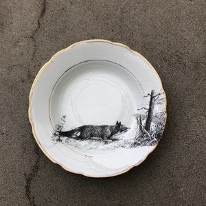 Pasta/soup plate &quot;Fox&quot;, ø approx. 24 cm, porcelain with gold rim and hand-printed motif; a gift for animal and nature lovers