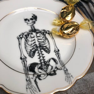 Bread plate "Skeleton", approx. 15 cm, porcelain with gold rim, Gothic gift for Halloween