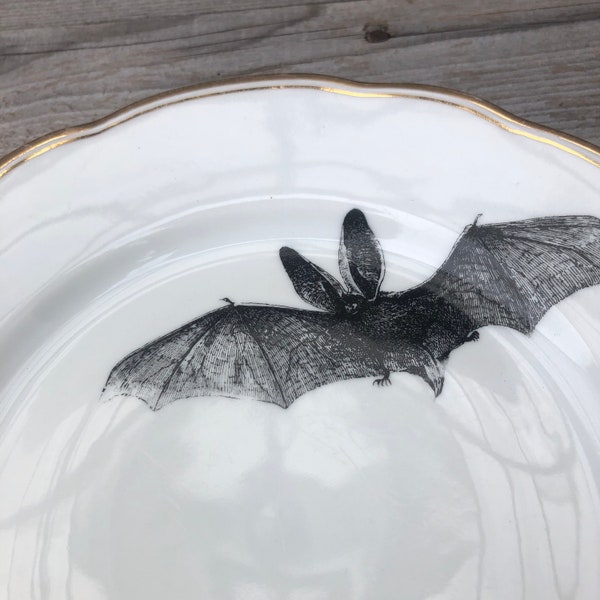 “Bat” dinner plate, 24 cm, porcelain with gold rim and hand-crafted screen-printed motif; as a wall plate or for eating, celebrating, giving as a gift