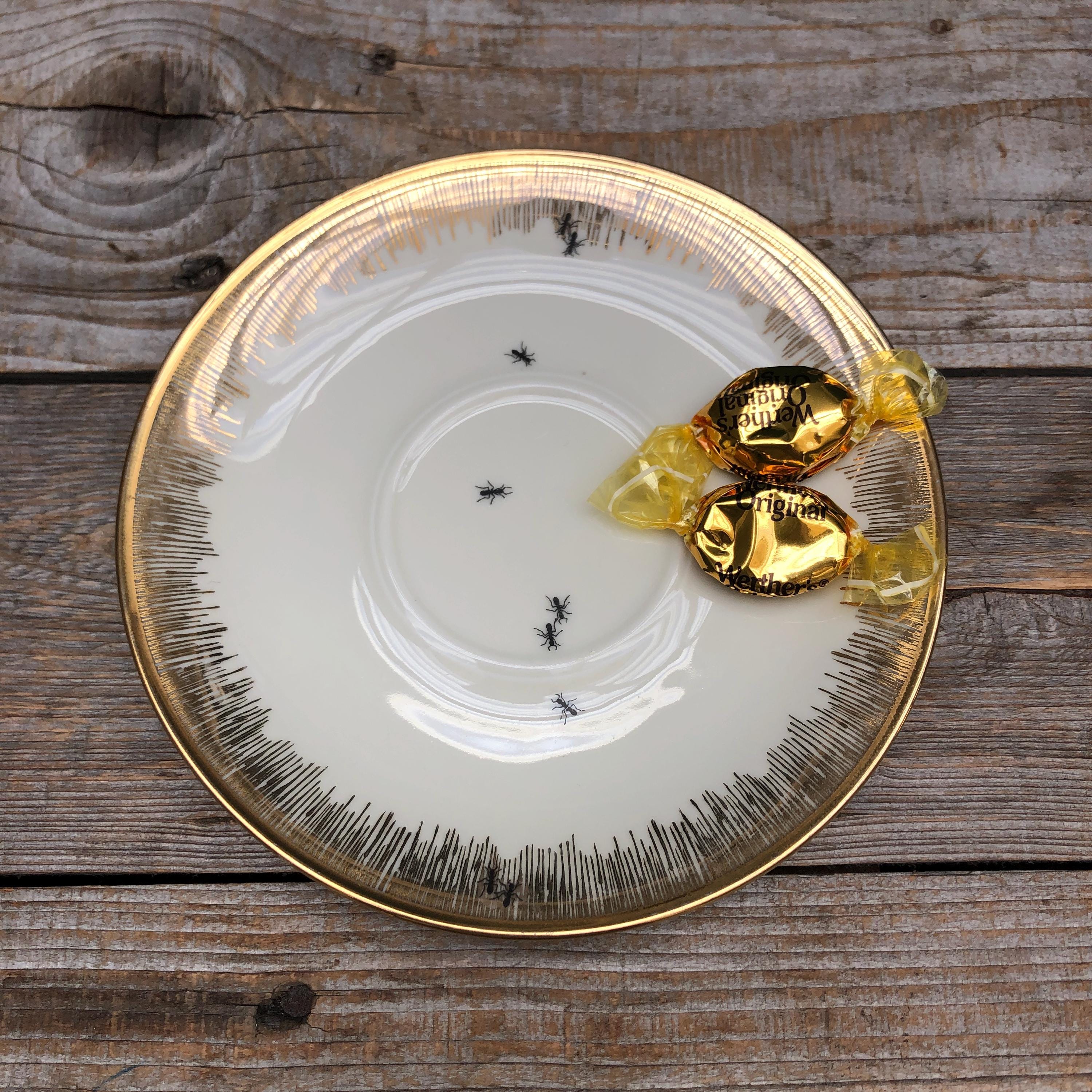 Ant Plate, Vintage Porcelain With Gold Rim and Hand-printed