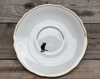 Black cat porcelain plate, 14 cm; hand-printed screen-printed design on vintage branded porcelain with gold rim; tableware, gift, pet