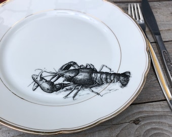 Teller "Hummer", ca. 24cm Vintageporzellan mit Goldrand und handgedrucktes Motiv; Geschenk für Familie, Freunde und Kinder