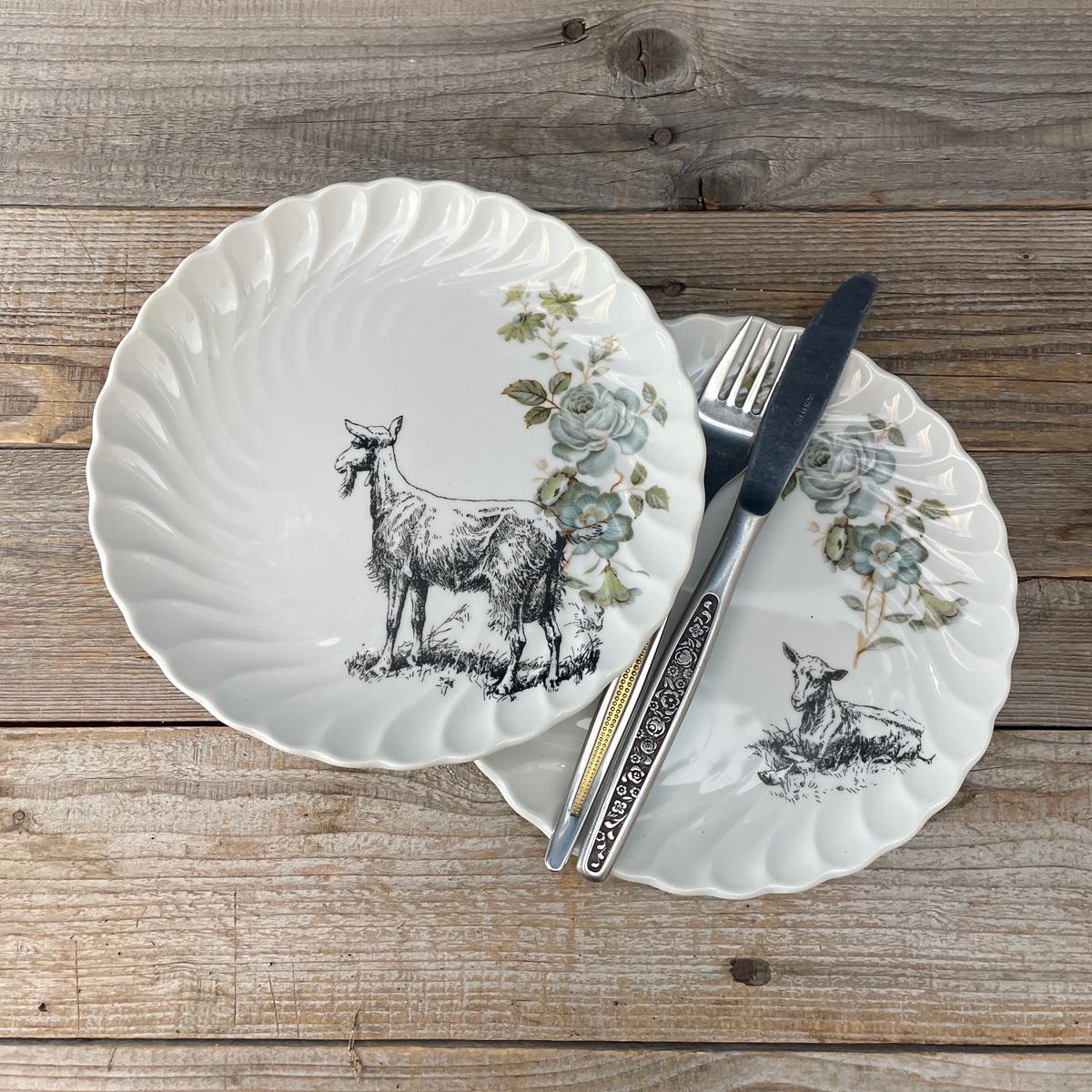 2 Goat Plates, Hand-printed Vintage Porcelain With Texture, Approx