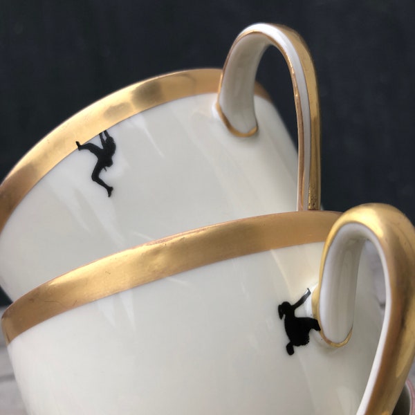 "Climbing" coffee cup, 2 pieces Porcelain (cup, saucer) with hand-made screen prints; Original coffee tableware for summiteers