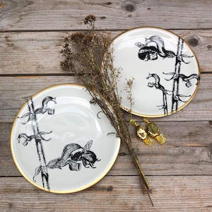 Bee plate set, printed vintage porcelain with gold rim, ø approx. 20; gift, garden, spring, blossoms, honey, nature