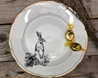Hasen Teller, bedrucktes Vintage-Porzellan mit Goldrand, ø ca. 20 cm;