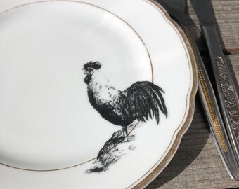 Plate, Porcelain, "chicks", 21cm, white with Goldrim, Vintageporcelain with handmade Silkscreen Print