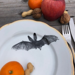 Plate &quot;bat&quot;, 24cm, white vintageporcelain with goldrim and handmade silkscreen print, for dining, serving, presenting food or as a wallplate