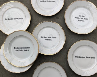 Sayings "let them take it off your plate", porcelain with gold rim (vintage) and hand-printed texts