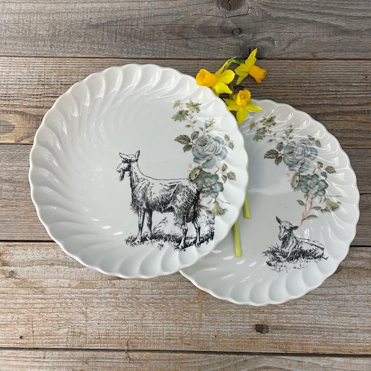 2 Goat Plates, Hand-printed Vintage Porcelain With Texture, Approx