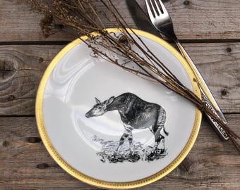 Teller "Okapi", 19cm, Porzellan mit Goldrand und handgarbeitetem Siebdruck-Motiv; Exotik-Geschenk für Zuhause, Tierfreunde, Familie, Kinder