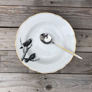 plate &quot;crows&quot;, porcelain with Goldrim, 24cm, handmade Silkscreen Print; home- & tableware, crockery, decorating, dining, Halloween gift