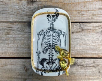porcelain board "Boneman", approx. 27x10cm, handprinted tableware with skeleton motiv; Halloween, Anatomy, Skeleton, Gift, Trick or Treat!