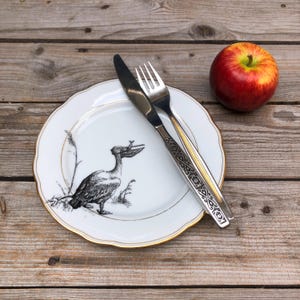 porcelain plate, porcelain dessert plate &quot;pelican&quot;, handprinted motiv on vintage dishes with goldrim, aprox. 20cm, present for familiy