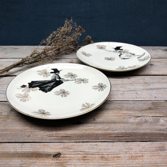 Set of 2 Witch Plates, Hand-printed Motifs on Vintage Porcelain
