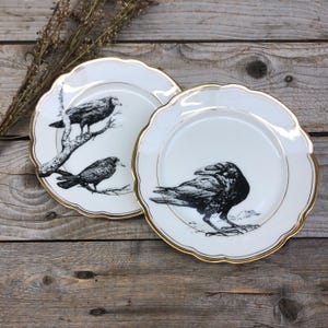 plate-set &quot;ravens and crows&quot;, 15cm, porcelain with Goldrim and handmade Silkscreen Print; homewares, decorating, dining, Halloween gift