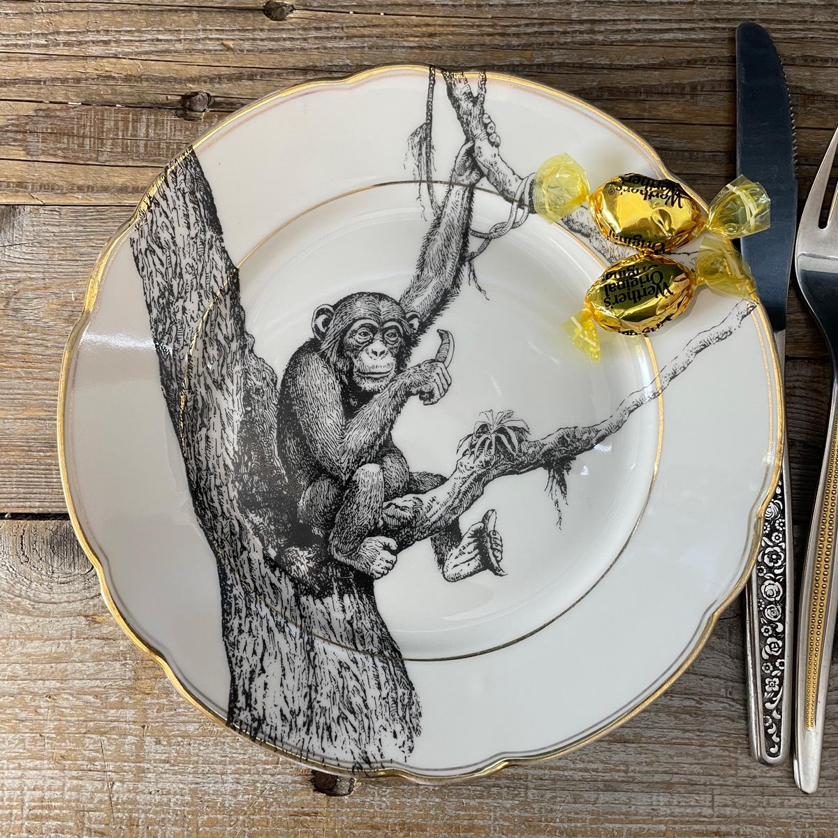 Monkey Plate, Hand-printed Vintage Porcelain With Gold Rim; ø 24