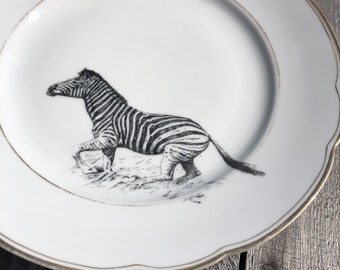 Porcelainplate "Zebra", 24cm, white with Goldrim, Vintage, Silkscreen Print; Gift for Family, Friends, Children, Homedecoration, Wallplate