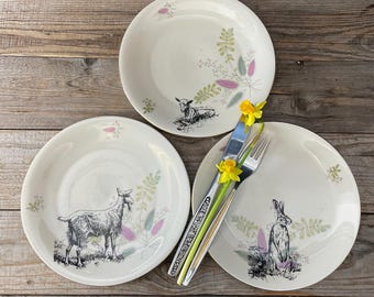 Oster-Teller, handbedrucktes Vintageporzellan (50er Jahre Dekor Dekor mit Golddrand);