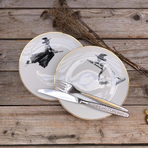 witches plate set, handprinted motifs on gold rimmed vintage porcelain, 2 pcs ø 20cm; halloween gift, wizards, magicians, witches, occult