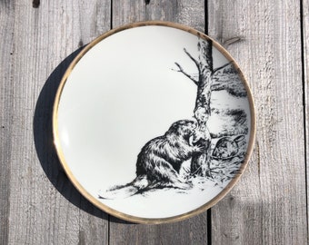 Plate, Porcelain, "beaver", 21cm, white with Goldrim, Vintageporcelain with handmade Silkscreen Print