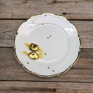 Plate &quot;Ants&quot;, vintage porcelain with texture and gold rim, hand-crafted screen-printed ants; For the dining table, to bring along & to give as a gift