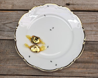 Plate "Ants", vintage porcelain with texture and gold rim, handcrafted screen-printed ants;
