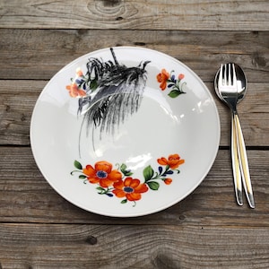 bird of paradise-plate, ø 24cm, high quality brandet vintage porcelain with floral decor and handmade Silkscreen Print; gift for living home