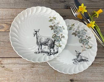 2 Ziegen-Teller, handbedrucktes Vintageporzellan mit Struktur, ø ca. 19cm; Bauernhof, Landleben, Schenken für Zuhause