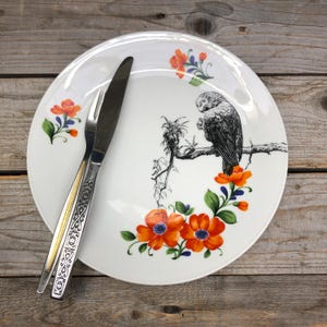 knalliger Papageien Teller, bedrucktes Vintage-Porzellan, ø ca.24cm; Hygge Geschenk für Zuhause, Famile, schöner Wohnen...
