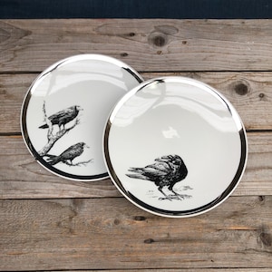 Printed plates &quot;Raven and Cowns&quot;, porcelain with silver rim (2 pcs, ø 19cm) handcrafted screenprint motif; mystic gift for home and living,