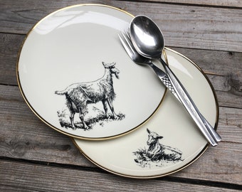 Ziegen-Teller, 2 Stk im Set, handbedrucktes Vintageporzellan mit Goldrand, ø ca. 19cm; Frühling, Nachwuchs, Ostern zum Schenken für Zuhause