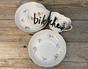 Bitches mug, hand-printed vintage porcelain;