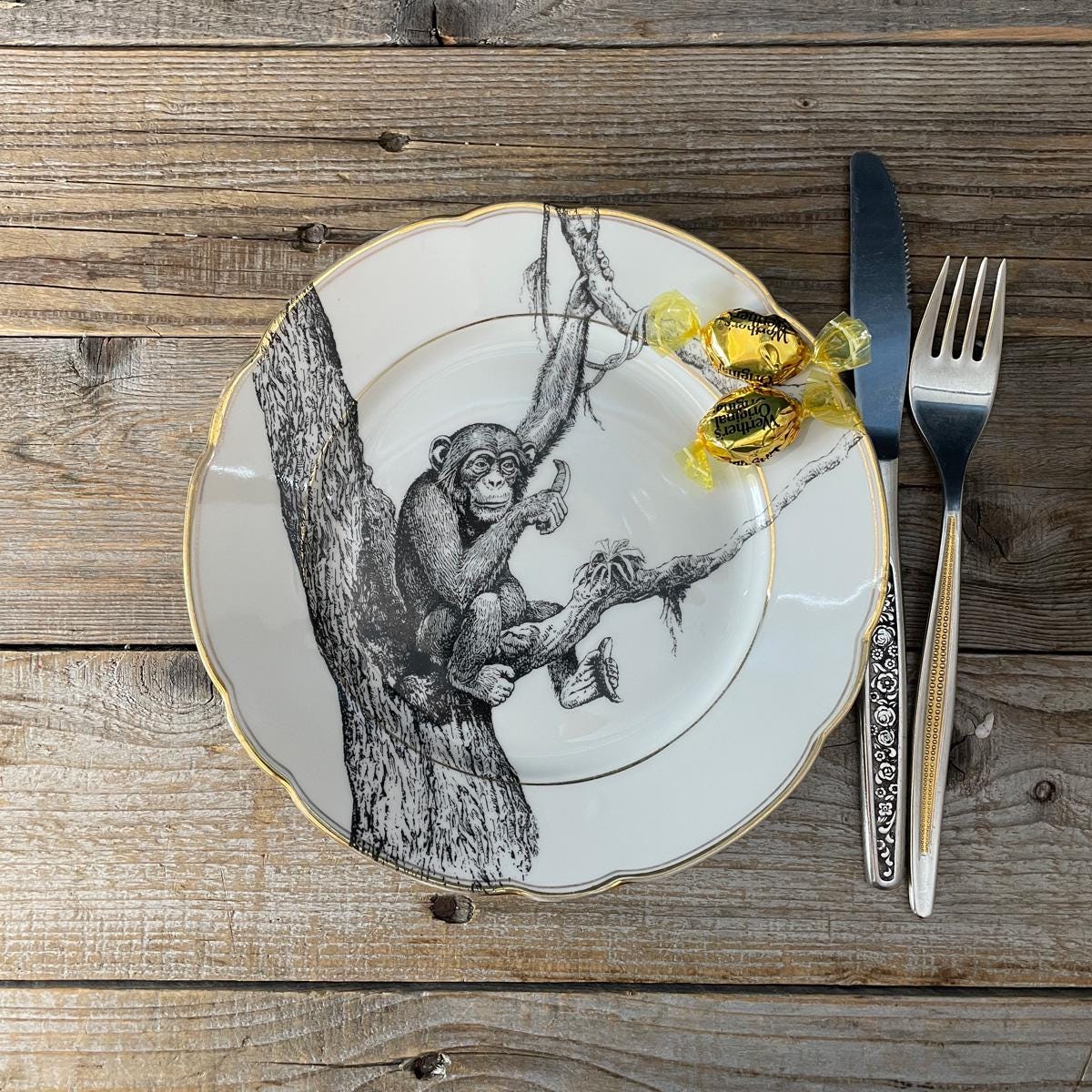Monkey Plate, Hand-printed Vintage Porcelain With Gold Rim; ø 24