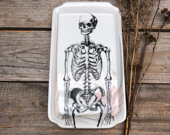 Porcelain plate "Skeleton" (vintage, approx. 21 x 12 cm), hand-printed porcelain; Halloween, surprise gift, home, Halloween, anatomy
