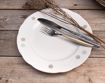 Vintage plate, ø24cm, ivory-colored porcelain with grey-blue-gold metallic decor; Boho tableware, Hygge, home, living and lifestyle!