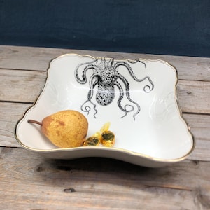 Fruit/salad bowl &quot;Pulpo&quot;, ø approx. 20 cm, hand-crafted screen-printed motif on high-quality vintage porcelain; holidays, vacation, home