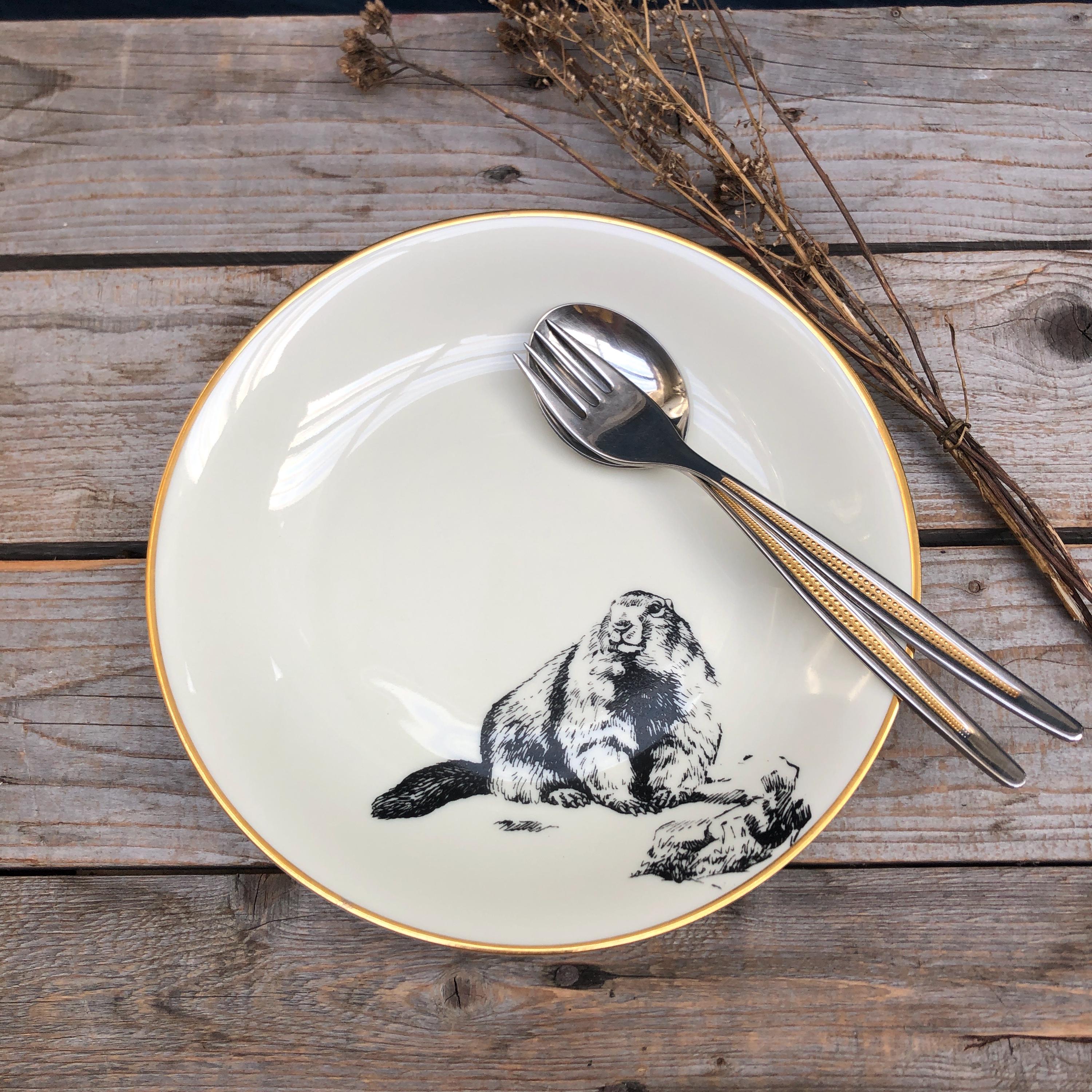 Groundhog plate, vintage dinnerware and hand-printed motif, ø 22 cm; Hygge, gift for home, living, serving and decorating