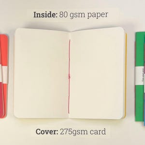 以下が含まれることがあります： 白い無地のページとピンクのステッチが施された背表紙を持つ開いたノート。上部のテキストには「Inside: 80 gsm paper」、下部のテキストには「Cover: 275 gsm card」と記載されています。両サイドにはコーラルとグリーンの閉じたノートが配置されています。